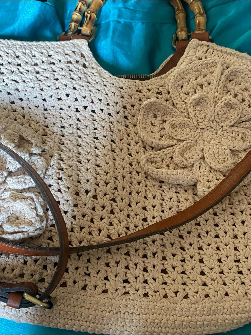 Patricia Nash Cream Crochet Floral Tote with Brown Trim
